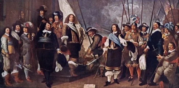 Historisch schilderij met diplomaten en gewapende soldaten bijeen